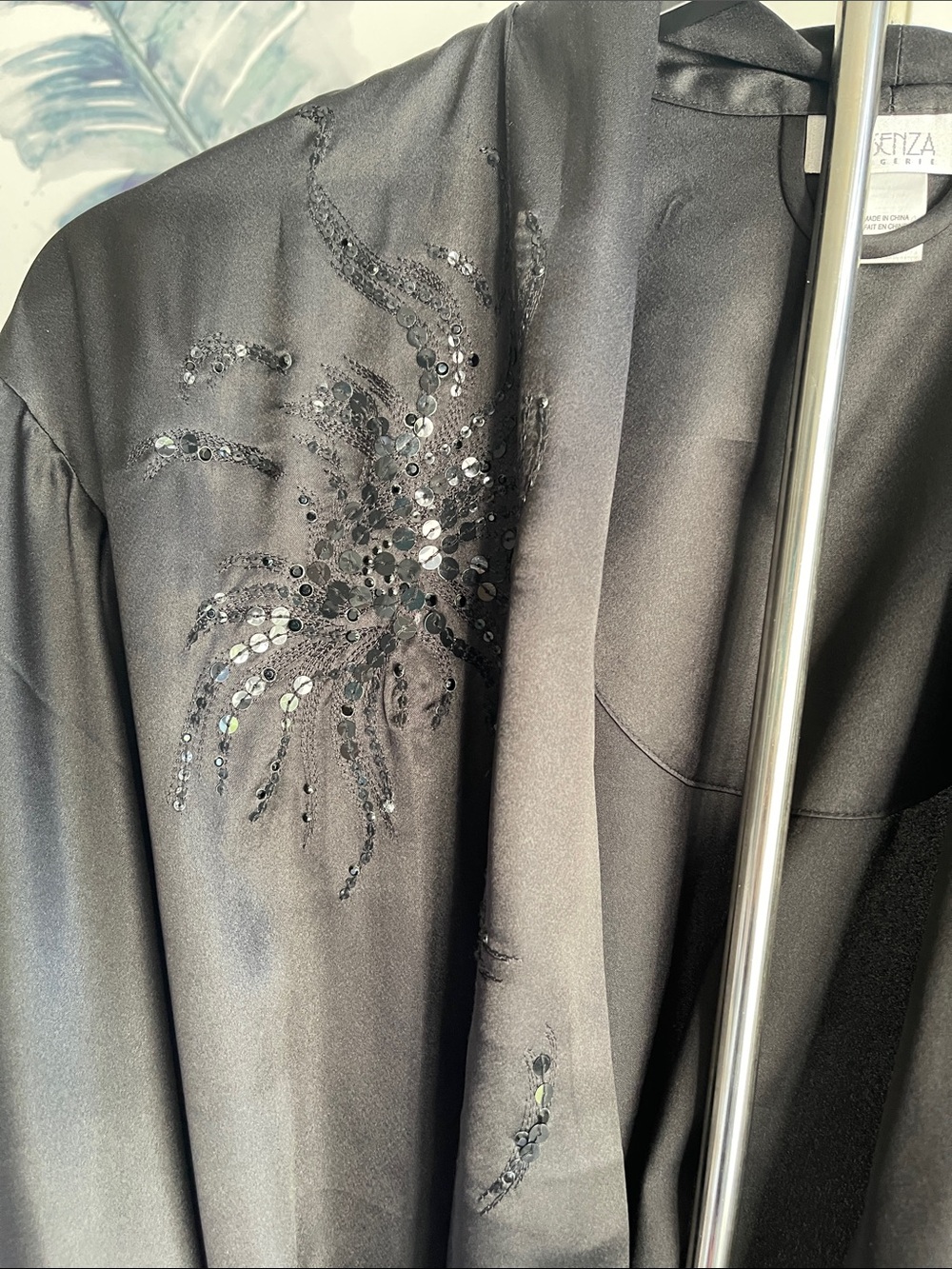 Black satin La Senza kimono robe with black crystals rhinestones - Picture 2 of 6